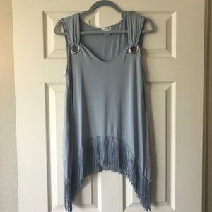 Soft Grey Blue tank top with fringe trim.